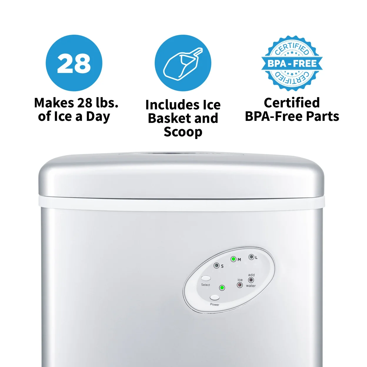 Newair Countertop Ice Maker, 28 lbs. of Ice a Day, 3 Ice Sizes, BPA-Free Parts