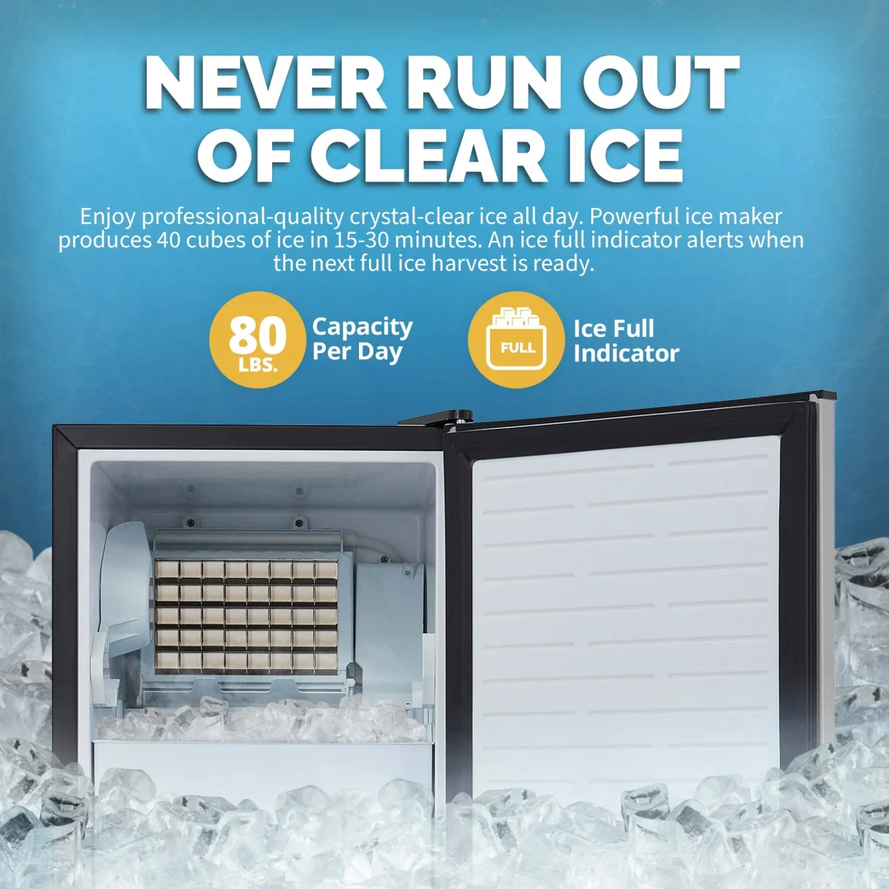 Newair 15” Undercounter 80lb lbs. Daily Clear Ice Cube Maker Machine, Built-in or Freestanding Design, 40 Cubes ready in 15-30 Mins, Fingerprint Resistant Door, Self-Cleaning Function, LED Controls, 24 Hr. Timer, Scoop Included, Ice Thickness Control