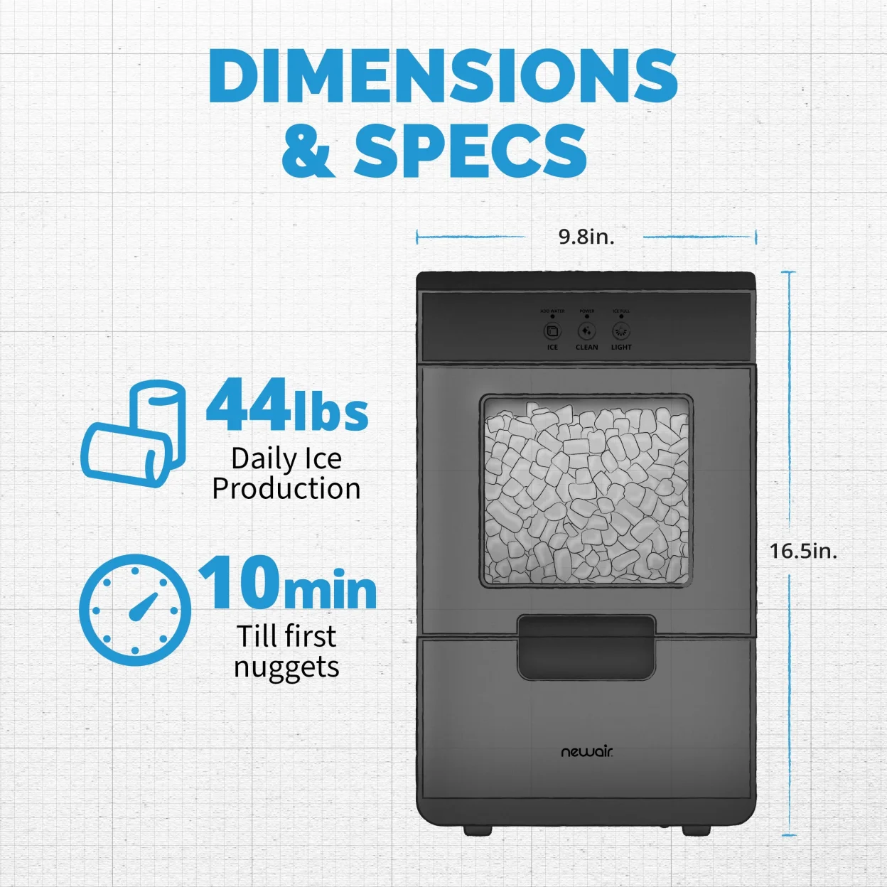 Newair 44lb. Nugget Countertop lce Maker with Self-Cleaning Function, Refllable Water Tank, Perfect forKitchens, Ofces, Home Coffee Bars, and More