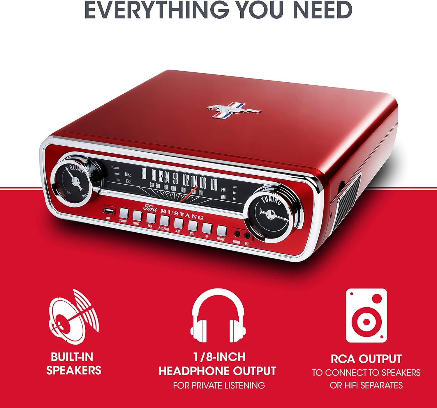 ION Mustang LP – 4-in-1 Vinyl Record Player/Turntable with Built In Speakers, Plus a Radio, USB Playback and Aux Input – Vibrant Red Finish (MUSTANGLPRED)