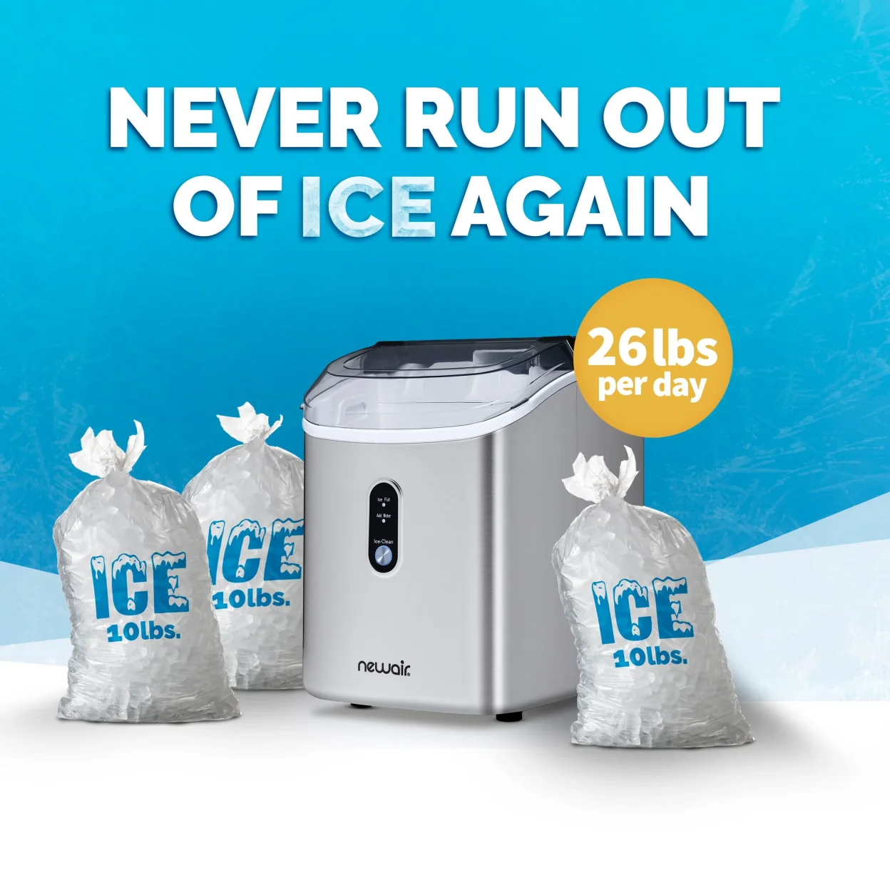Newair 26 lbs. Countertop Nugget Ice Maker, Large Ice Viewing Window, Self-Cleaning Button and Easy-Pour Waterspout, Perfect for Cocktails, Smoothies, Soda and More
