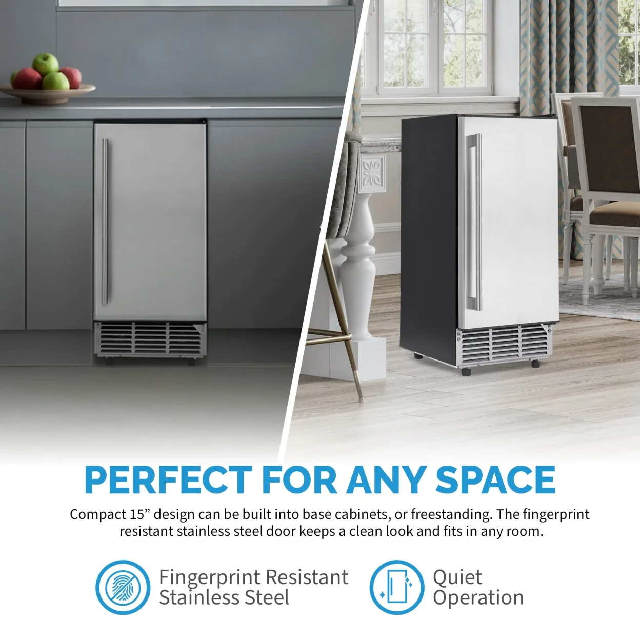 Newair 15” Undercounter 80lb lbs. Daily Clear Ice Cube Maker Machine, Built-in or Freestanding Design, 40 Cubes ready in 15-30 Mins, Fingerprint Resistant Door, Self-Cleaning Function, LED Controls, 24 Hr. Timer, Scoop Included, Ice Thickness Control