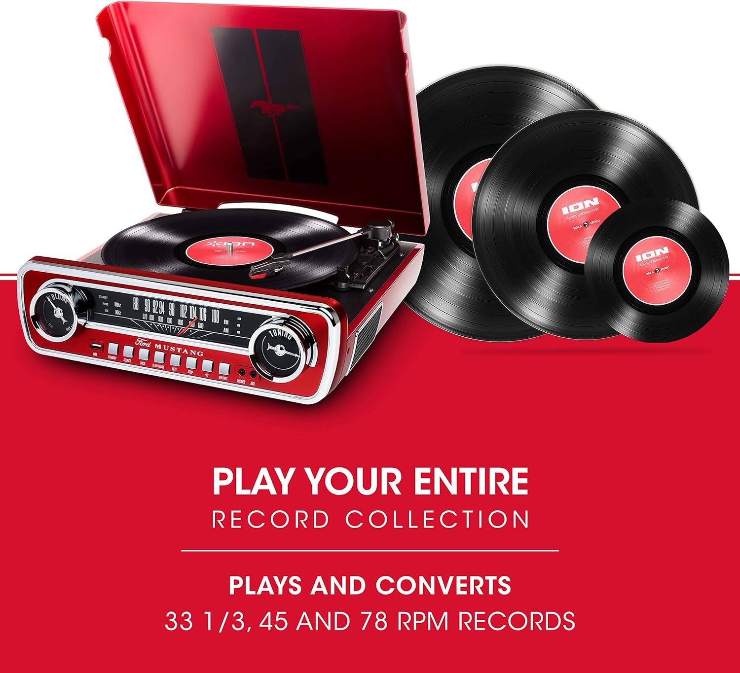 ION Mustang LP – 4-in-1 Vinyl Record Player/Turntable with Built In Speakers, Plus a Radio, USB Playback and Aux Input – Vibrant Red Finish (MUSTANGLPRED)
